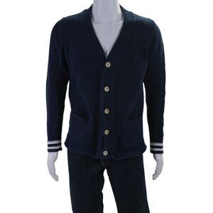 Corpus Mens Knitted V-Neck Striped Wrist Button Down Cardigan Blue Size S